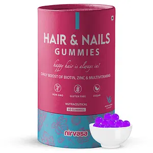 Nirvasa Hair & Nails Gummies for Hair Growth, Glowing Skin & Nails health, enriched with Biotin, Beta-Sitosterol 10%, Grape Seed Extract,  Vitamins & Minerals with Mix Berry Flavour, Vegan, NON-GMO, Gluten Free, Sugar Free, 1B (1 x 60 Gummies)