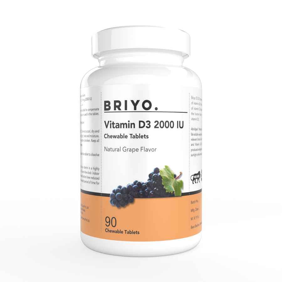 

Briyo Vitamin D3 2000 IU d3 - 90 Chewable Tablets Promotes Calcium Absorption, Bone Health, Muscle Strength & Immunity(natural grape flavor(90 Tabl...