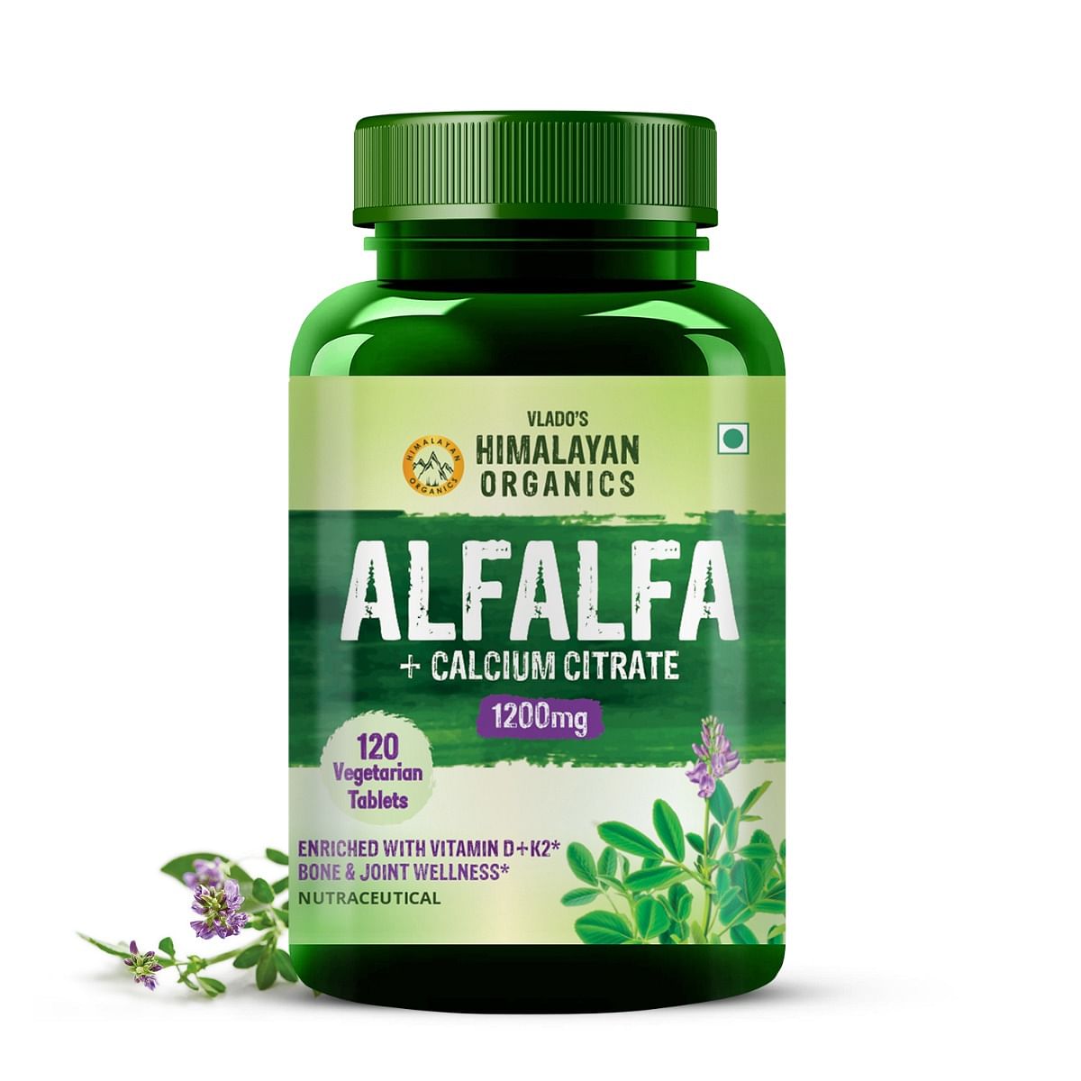 

Vlado's Himalayan Organics Alfalfa, Calcium Citrate Malate 1200mg with Vitamin D, K2 (MK7), B12, Zinc & Magnesium - 120 Veg Tablets