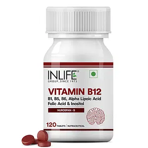 INLIFE Vitamin B12 with Alpha Lipoic Acid, Folic Acid, Inositol, B1, B5 & B6 Supplements, Promotes Nerve Health, Immune Support for Men & Women - 120 Tablets 