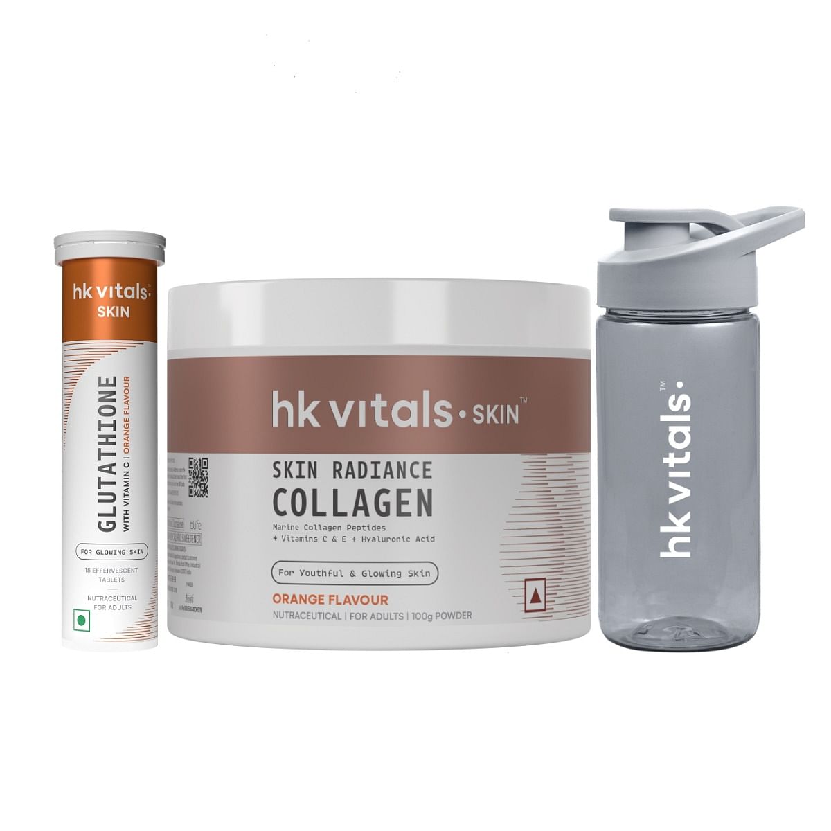 

HK Vitals Glutathione (Orange, 15 Effervescent Tablets) with Skin Radiance Collagen Supplement with Biotin, Orange, 100 g & Sipper Bottle | L-Gluta...