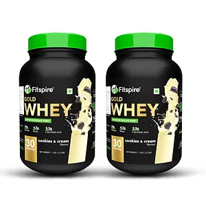 Fitspire 100% Gold Advanced Isolate Whey Protein - Cookie & Cream, 1kg / 2.2lb Each Bottle with 24gm Protein, 4.3gm BCAA for Faster Recovery & Muscle Building (30 Servings each) |Pack of 2