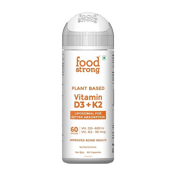 

Foodstrong Plant-Based Vitamin D3 + K2 | Liposomal For Better Absorption | 600 IU D3 + 55 MCG K2 | Improves Bone Health | 60 Vegetarian Capsules| 3...