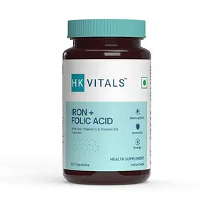 HealthKart HK Vitals Iron + Folic Acid Supplement, with Zinc, Vitamin C & Vitamin B12, Supports Blood Building, Immunity and Energy, 60 Iron Folic Capsules