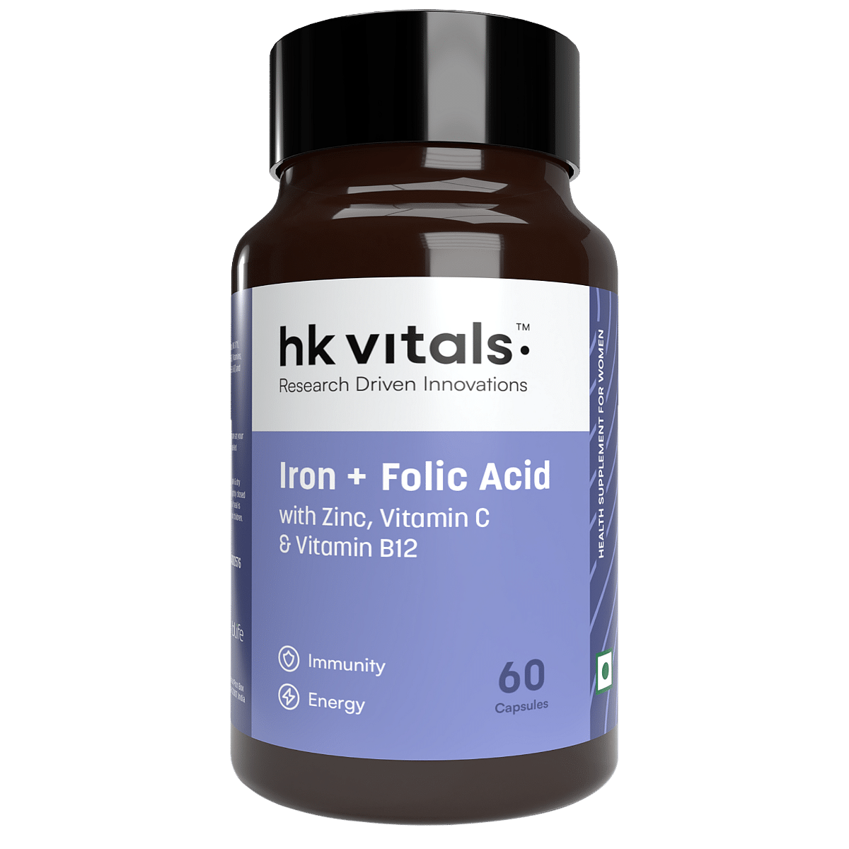 

HK Vitals Iron + Folic Acid Supplement, with Zinc, Vitamin C & Vitamin B12, Supports Blood Building, Immunity and Energy, 60 Iron Folic Capsules