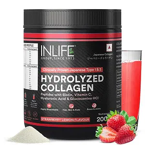 INLIFE JapaneseCollagen Supplements for Women & Men | Hydrolyzed Collagen Powder For Skin, Hair & Joints | Clinically Proven Ingredient with Biotin, Hyaluronic Acid (Strawberry, Collagen, 200g)