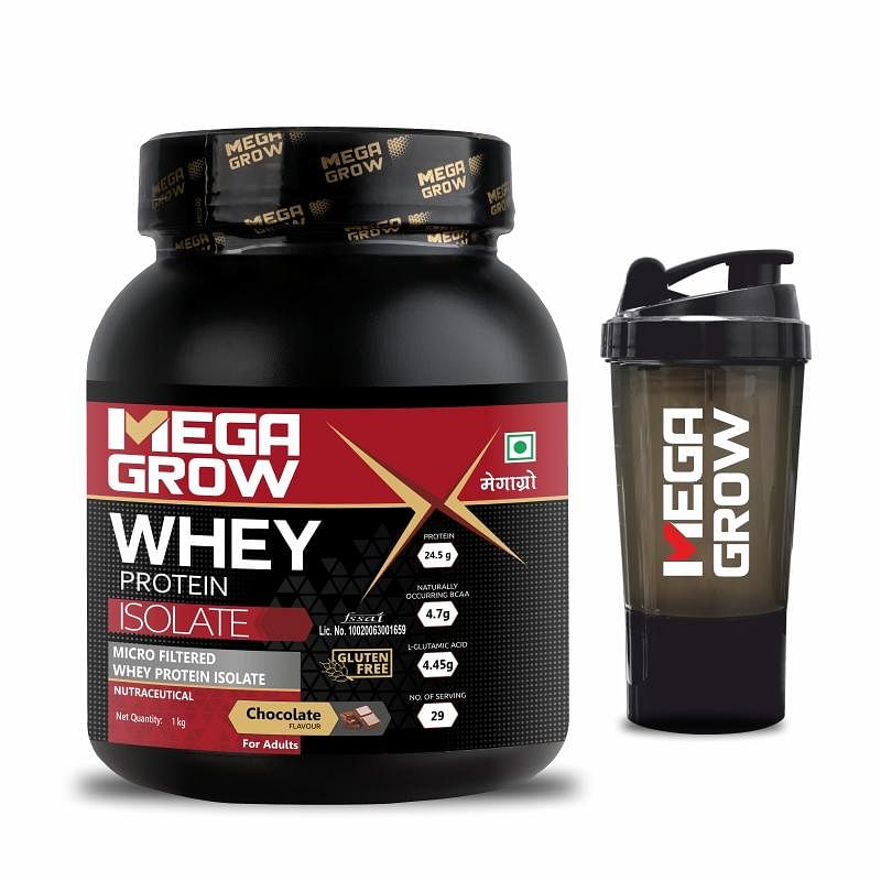 

Megagrow Isolate Whey Protein Powder Chocolate Flavor with shaker , Energy 125kcal | 24.5g Protein, 4.7g BCAA - 29 Servings, Pack of 1 Kg