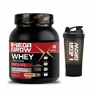 Megagrow Isolate Whey Protein Powder Chocolate Flavor with shaker , Energy 125kcal | 24.5g Protein, 4.7g BCAA - 29 Servings, Pack of 1 Kg