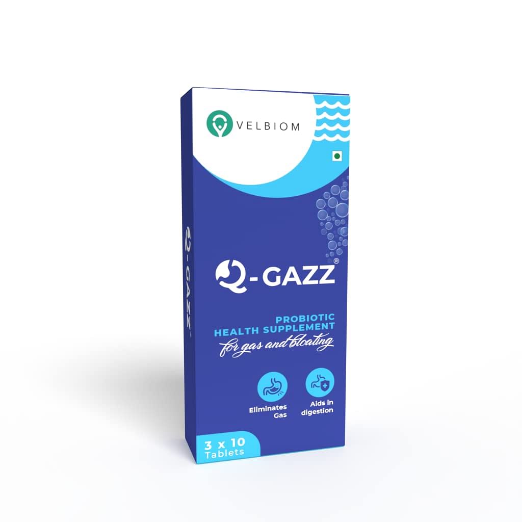 

Velbiom Q-gazz Gas Tablets| Helps in Gas, Bloating & Indigestion | Clinically proven | Unique blend of probiotics, Ajwain oil, Saunf oil & digestiv...