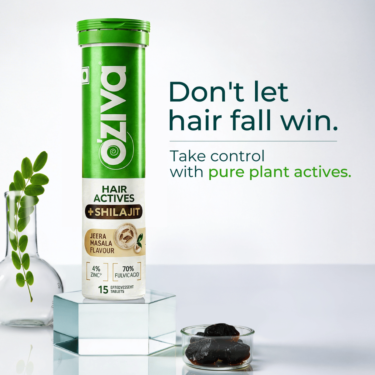 oziva hair actives + shilajit for men | supports hair thickness & density | hair fall supplement with liposomal seszen-bio®, gzen-zinc™ & shudh shilajit | jeera masala flavor | 15 effervescent tablets