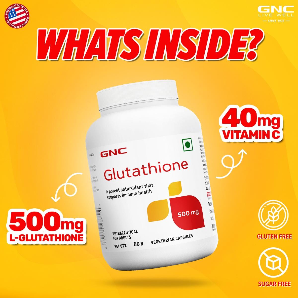 GNC Glutathione 500mg | 60 Capsules | Vegetarian Capsules | Boosts Immune |  Healthy & Radiant Skin Reduces