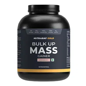 Nutrabay Gold Bulk Up Mass Gainer, Carbs to Protein Blend (3:1), 30g Protein with Digestive Enzymes, Vitamins & Minerals, Weight Gain Supplement  - 3kg, Strawberry