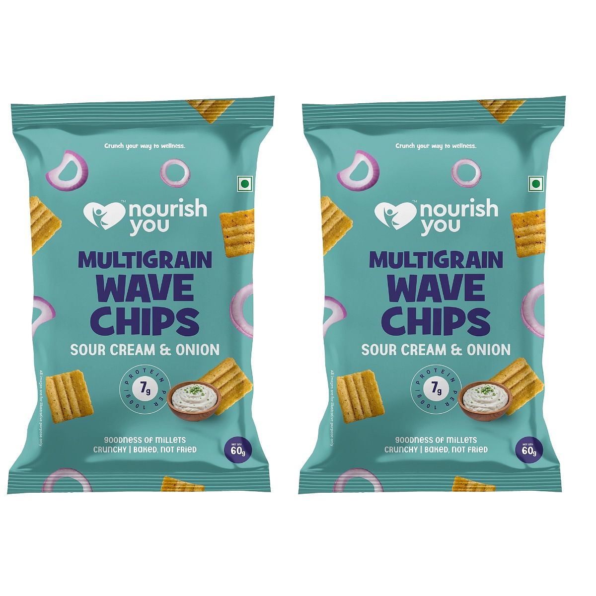 

Nourish You Organic Millet Snack - Multigrain Wave Chips - Sour cream & Onion Flavour - Healthy Snacks , Gluten free -60gm (Pack of 2)