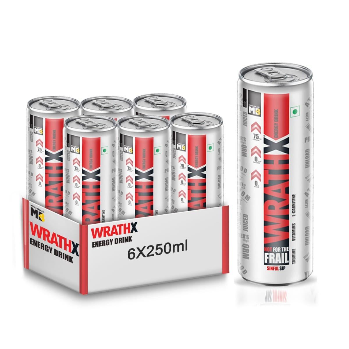 MuscleBlaze WrathX Energy Drink | 800mg Taurine, 25mg L-Carnitine, Vitamin B2, B3, B6 | Performance & Focus Booster (Mixed Berry, Pack of 6 (250ml*6)
