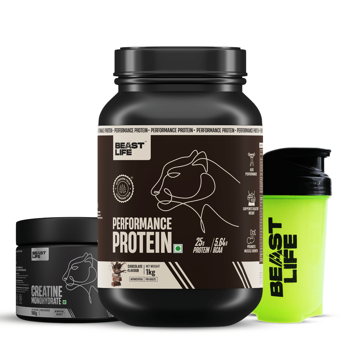BeastLife Performance Protein Chocolate 1kg + Creatine Monohydrate Unflavoured 100g + Plastic Neon Shaker 500ml
