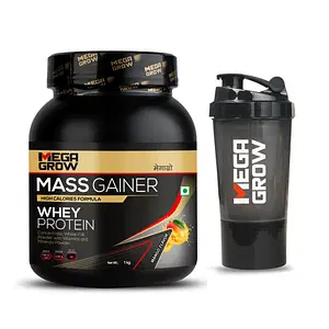 MegaGrow Mass Gainer Whey Protein Mango Flavoured With Shaker Serving (10  servings) Pack of 1 Kg