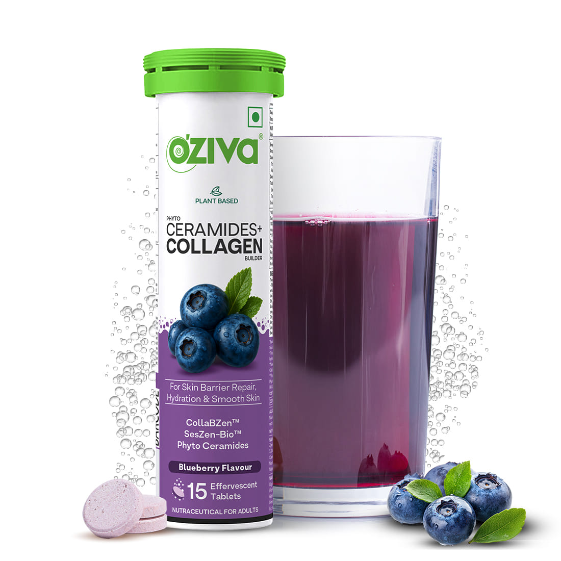 

OZiva Phyto Ceramides+ Collagen Builder -for Barrier Repair & Hydration Boost , Blueberry Flavour | 15 Effervscent Tablets