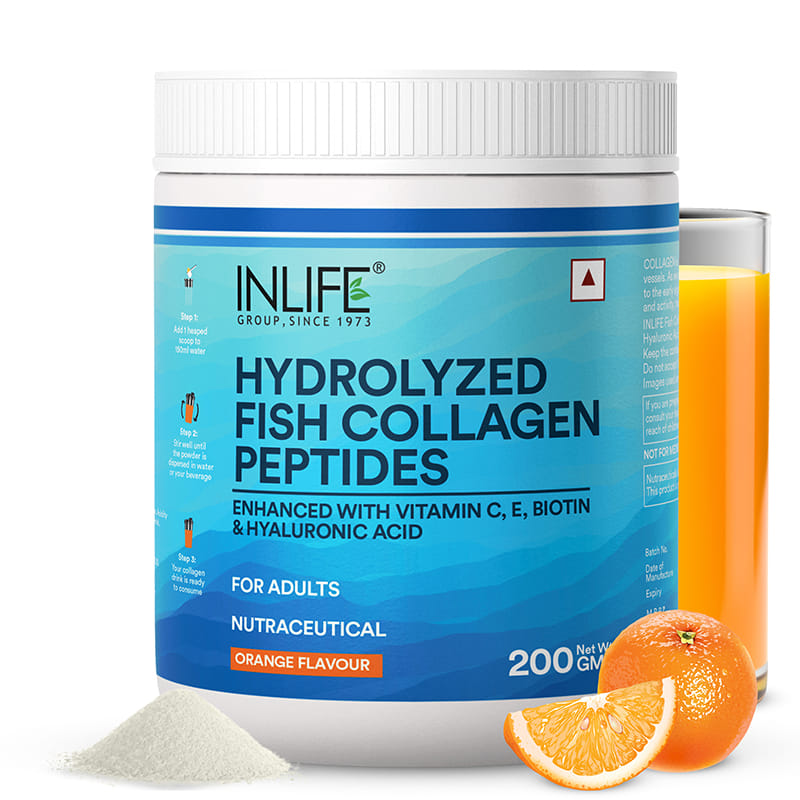 INLIFE Marine Collagen Powder | Fish Collagen Peptides Supplements for Skin | Vitamin E, Biotin, Hyaluronic Acid & Vitamin C | For Women & Men (200g)