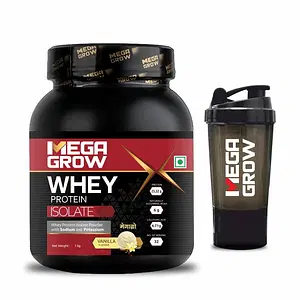 Megagrow Isolate Whey Protein Powder Vanilla Flavored with shaker | Energy 125 kcal | 24.5 g Protein, 4.67 g BCAA - 31 Servings, Pack of 1 Kg