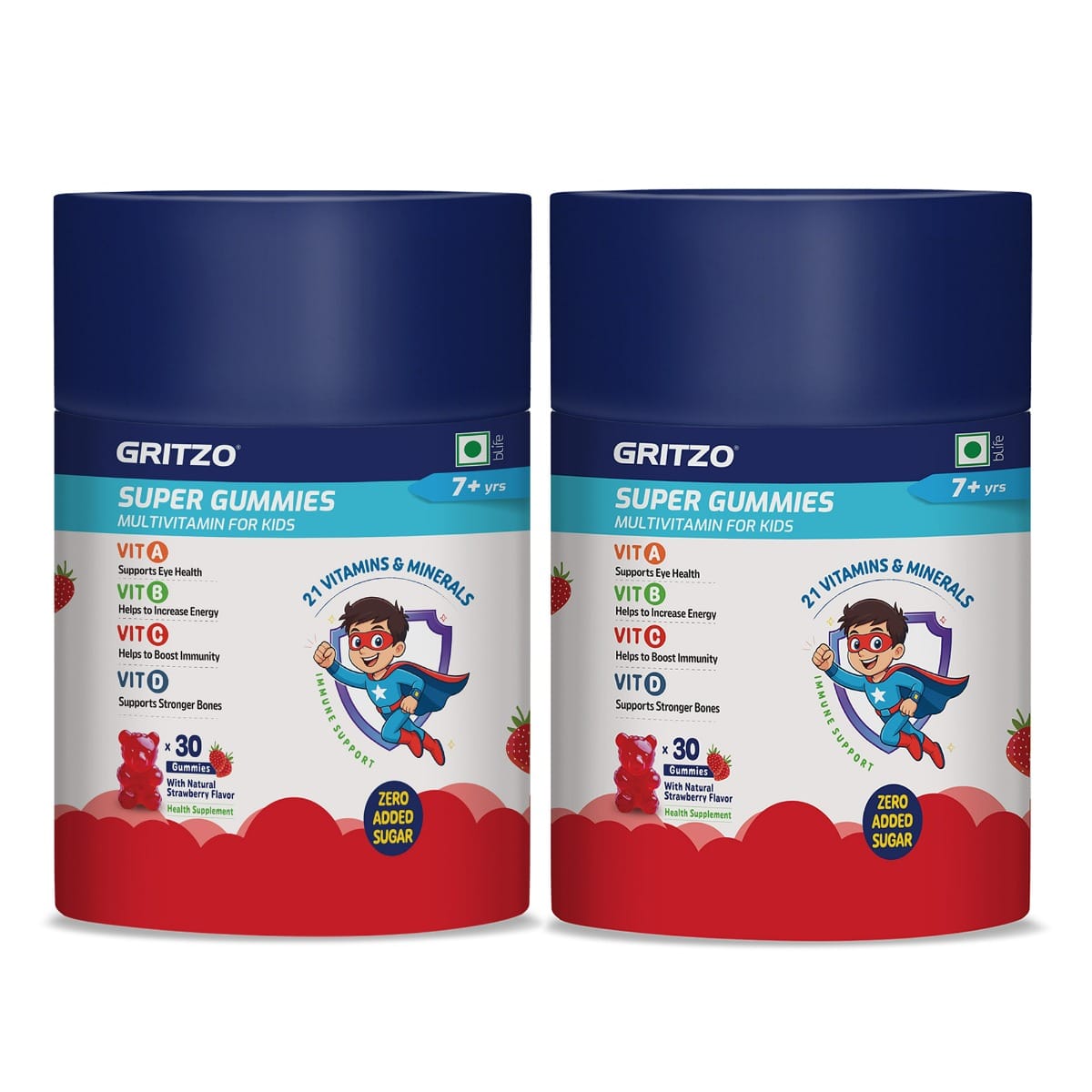Gritzo Super Gummies Multivitamin (7+y Kids) (Strawberry Flavour, 30 Gummies) | Zero Added Sugar, 21 Vitamins & Minerals | Pack of 2-image-20