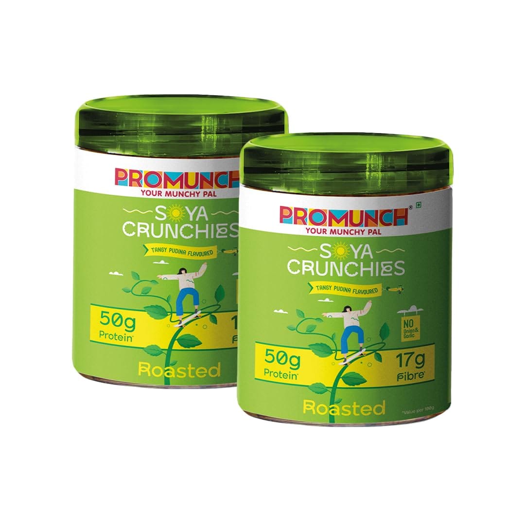 

PROMUNCH Soya Crunchies | Vegan | High-Protein | Healthy | Gluten-Free | Pack of 2, Flavour: Tangy Pudina And Peri-Peri, 150g Each