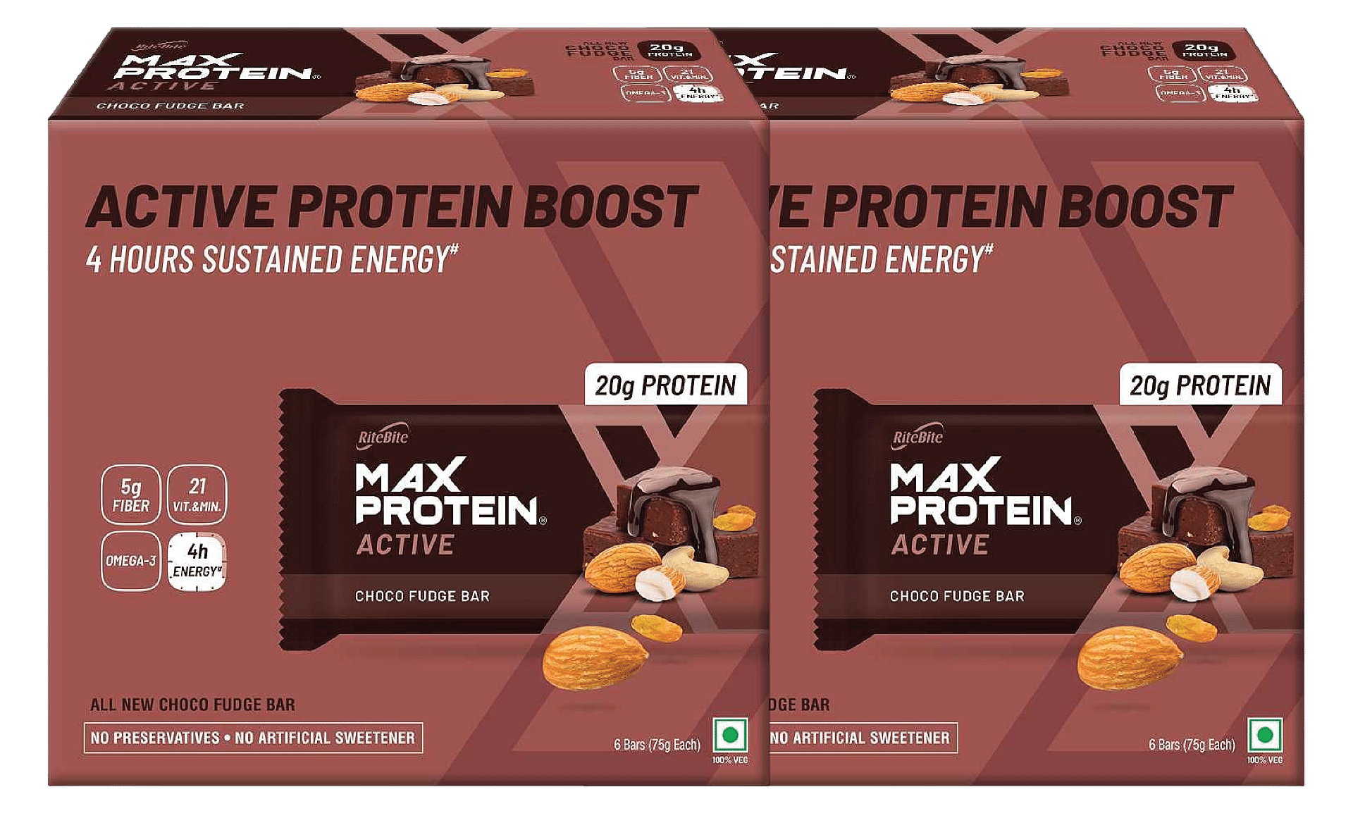 

RiteBite Max Protein Active Choco Fudge | 6 Bars | 450 g | Pack of 2