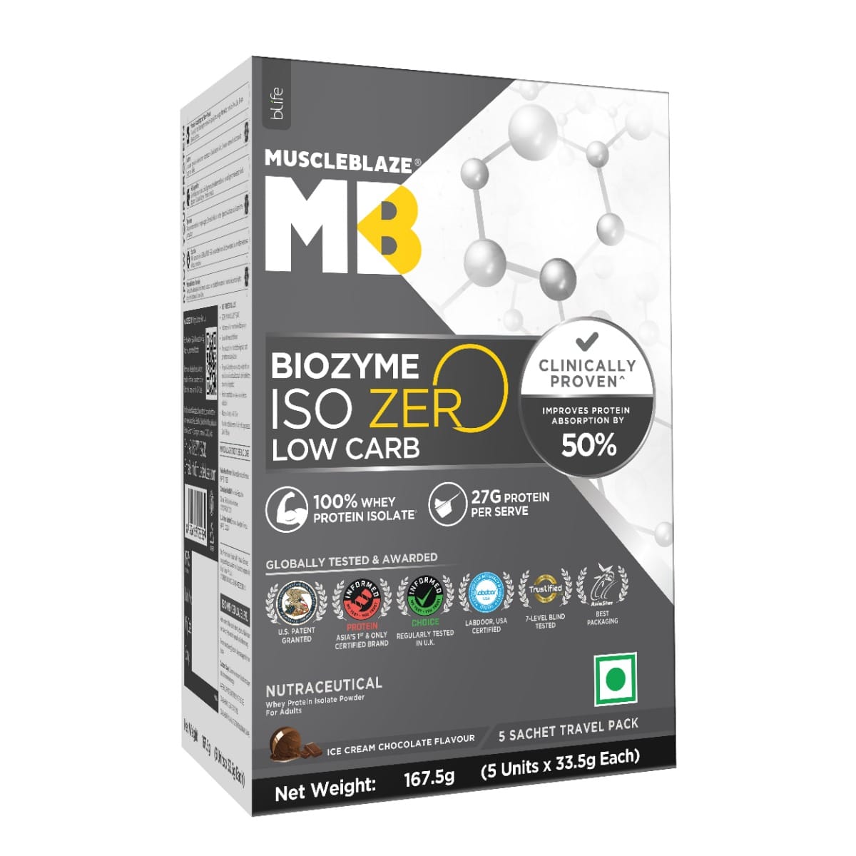 

MuscleBlaze Biozyme Iso-Zero, Low Carb Whey Protein Isolate Powder | Clinically Tested 50 Higher Protein Absorption | 5 Sachet Travel Pack (Ice Cre...