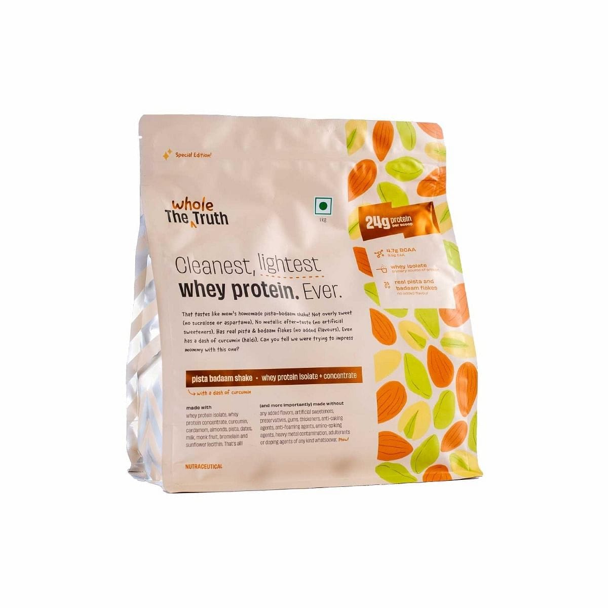 The Whole Truth Whey Protein Isolate+Concentrate 24g Protein/Scoop 4.7g BCAA 100% Authentic Whey, Real Pista Badaam Flakes, No Artificial Flavor