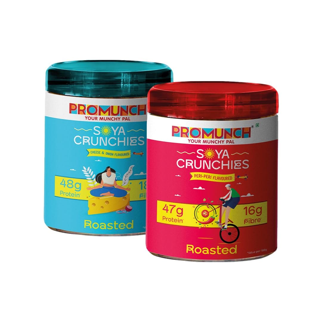 

PROMUNCH Soya Crunchies | High-Protein | Healthy | Gluten-Free | Pack of 2, Flavour: Peri-Peri and Cheese & Onion - 150g Each