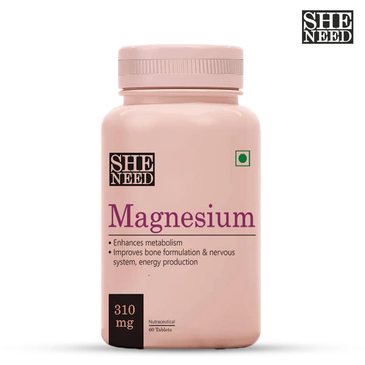 

SheNeed Mind your Magnesium Supplements (310 mg)- Enhances Metabolism, Energy Production & Bone Health- 60 Capsules