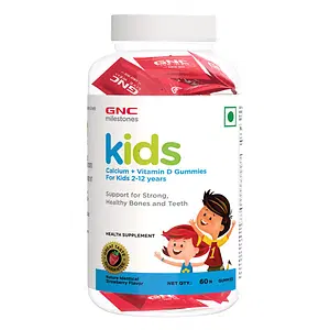 GNC Kids Calcium + Vitamin D Gummies For 2-12Y | 60 Gummies | Stronger Bones & Teeth | Improved Muscle Functions | Better Immune Health | Overall Growth & Development | Strawberry Flavor