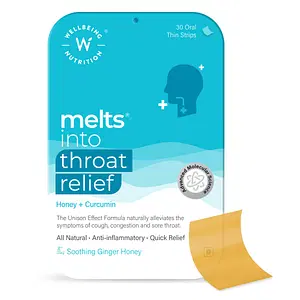 Wellbeing Nutrition Melts instant Throat Relief with 100% Natural Tulsi, Manuka Honey,Curcumin, Ginger, Mint, Alleviates Cough,Sore Throat Relief, Pain Relief (30 Oral Strips)