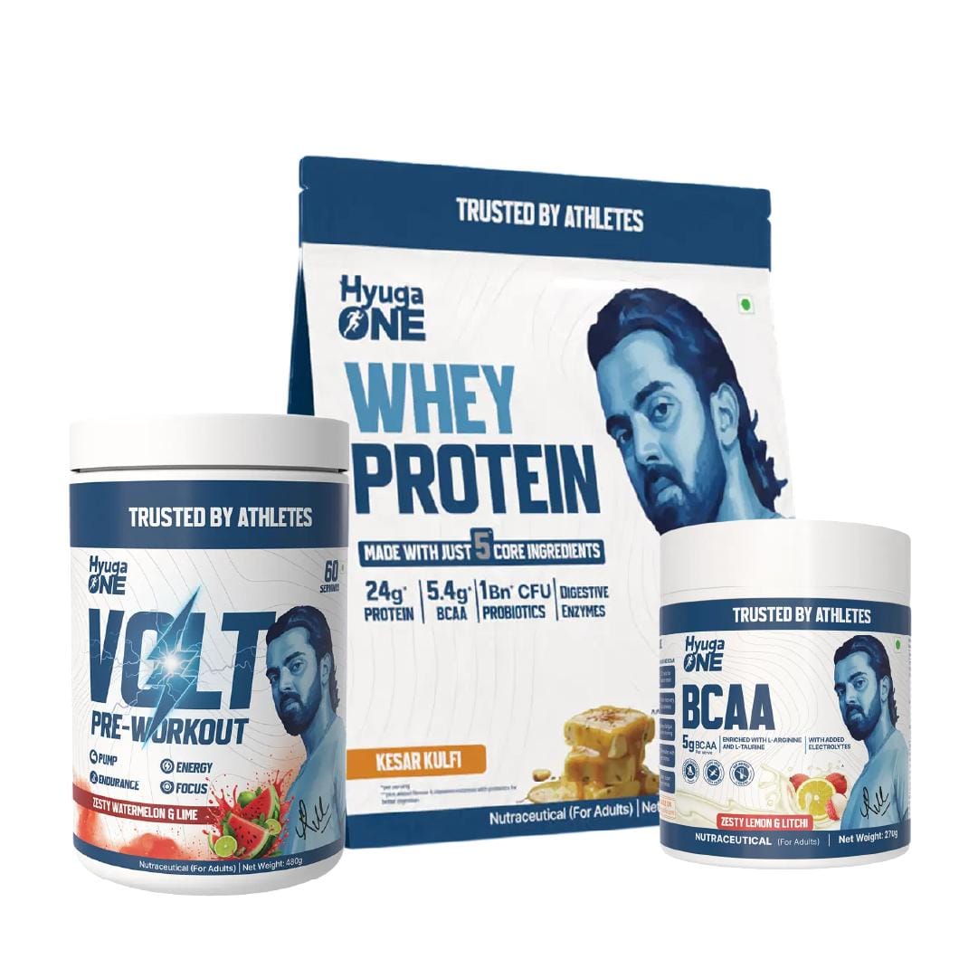 

Hyuga One Nutrition Combo : Whey Protein Kesar Kufli 1kg (24g Protein, Probiotics), VOLT Pre-Workout Zesty Watermelon & Lime 480g (100mg Caffeine)...