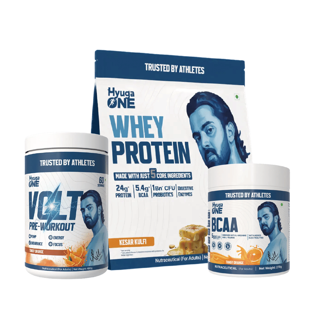 

Hyuga One Nutrition Combo : Whey Protein Kesar Kufli 1kg (24g Protein, Probiotics), VOLT Pre-Workout Tangy Orange 480g (100mg Caffeine), BCAA Tangy...