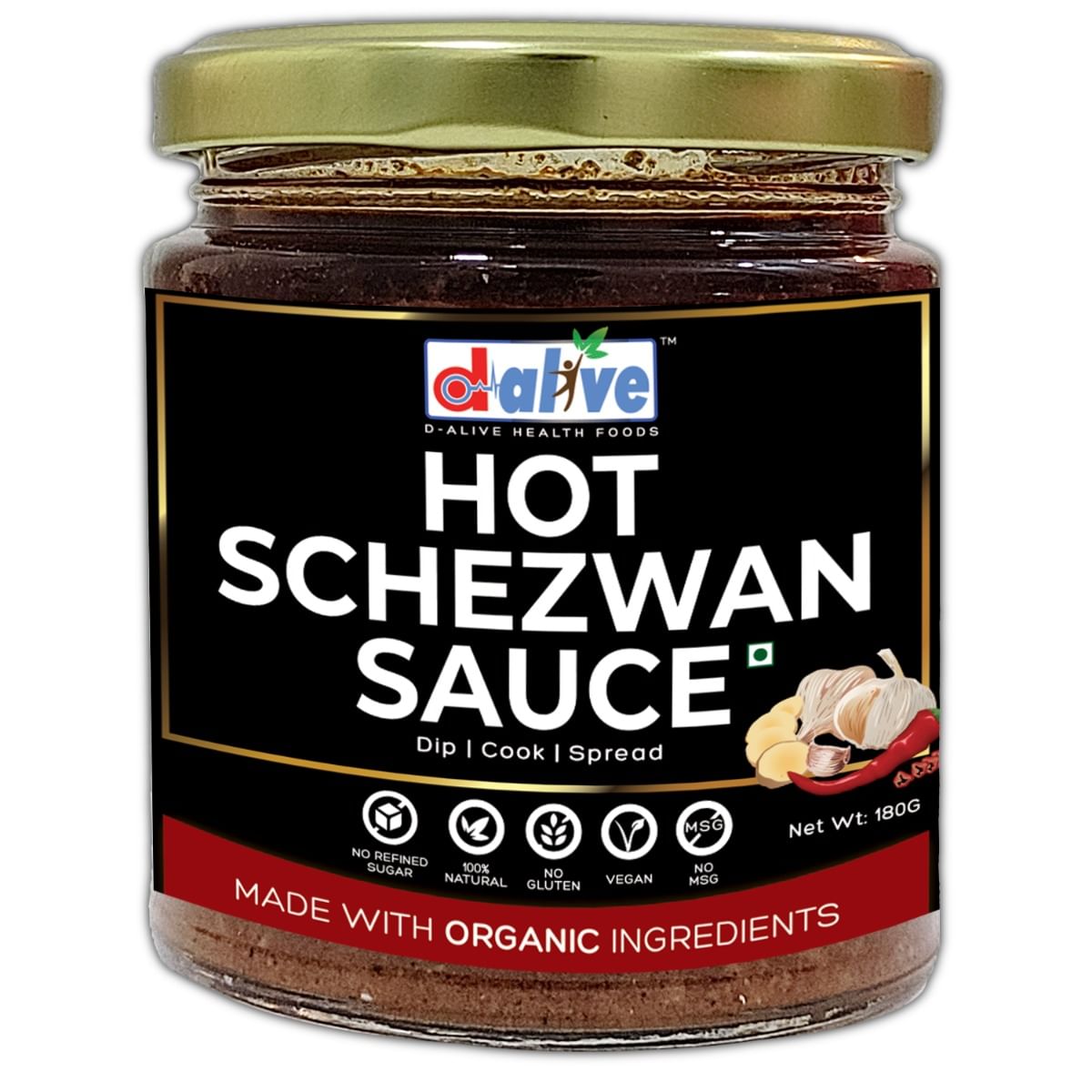 

D-Alive Hot Schezwan Sauce (Organic, 100% Natural, Sugar-Free, Gluten-Free, Low Carb, Vegan, Diabetes & Keto Friendly) - 180g
