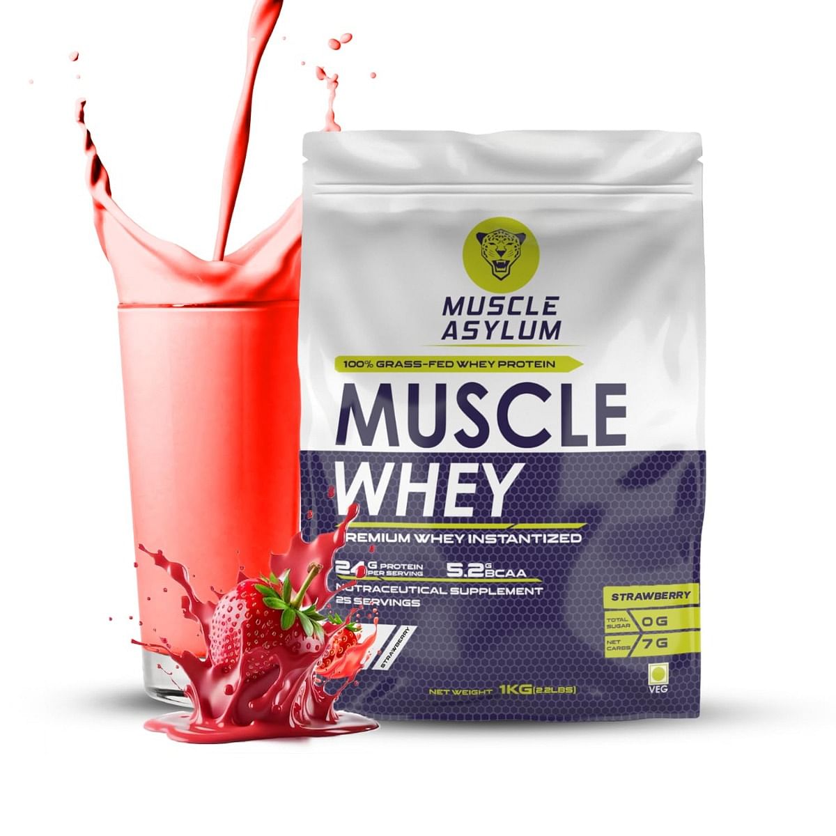 

Muscle Asylum Premium 100% Whey Protein, 24g Protein, 5.2g Bcaa, For Muscle Building & Recovery ,25 Servings (Strawberry)-1kg (2.2 lbs), Bag
