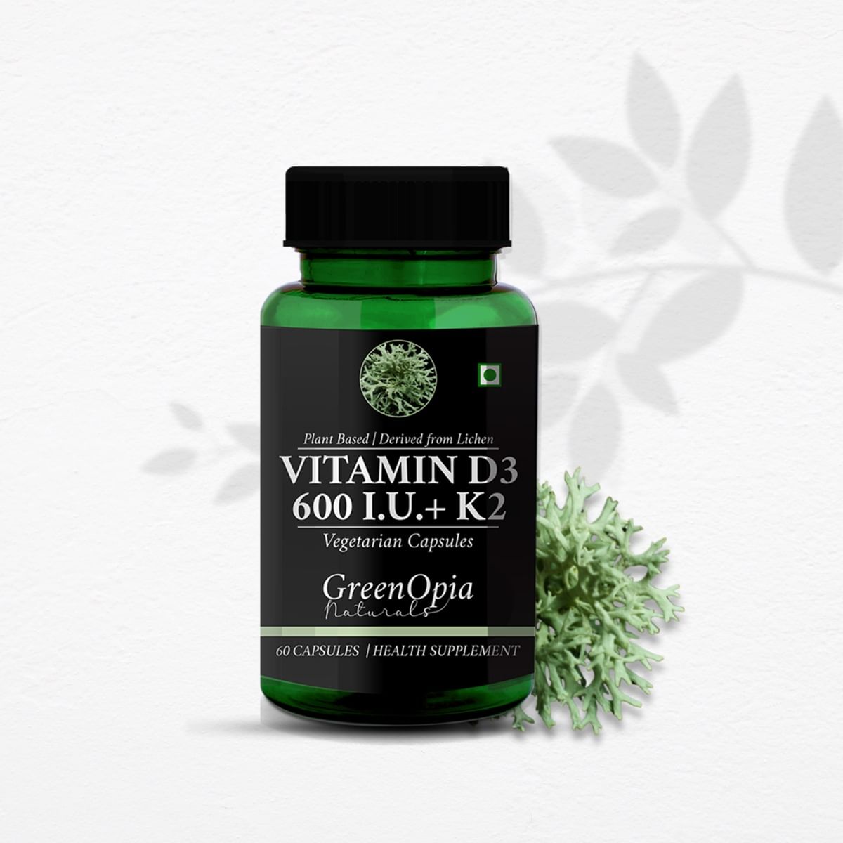 

GreenOpia Vitamin D3 600 IU with K2, Plant Based Lichen 60 Liquid Filled Vegetarian Capsules