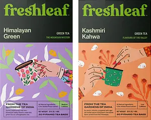 Freshleaf Kashmiri Kahwa and Himalayan Green Tea, 20 Pyramid Tea Bags per Box | Pack of 2