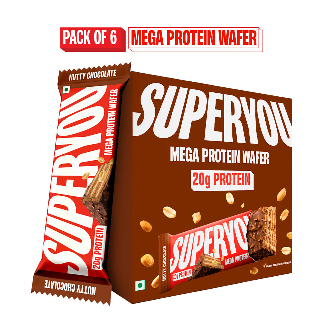 Superyou Nutty Chocolate Mega Protein Wafer Bar (Pack of 6) 20G Protein , 4.8g Fibre, No Added Sugar | Yeast Fermented Protein|Energy Bars|Crunchy Wafer Bar|100% Vegetarian|No Palm Oil | 360g