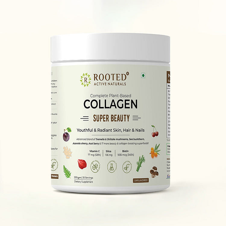 

Rooted Actives Plant Based Collagen Supplement, 250 g with Tremella mushrooms, Biotin, Silica, Vit C & 17 beauty boosters. No Sugar, for Women & Men