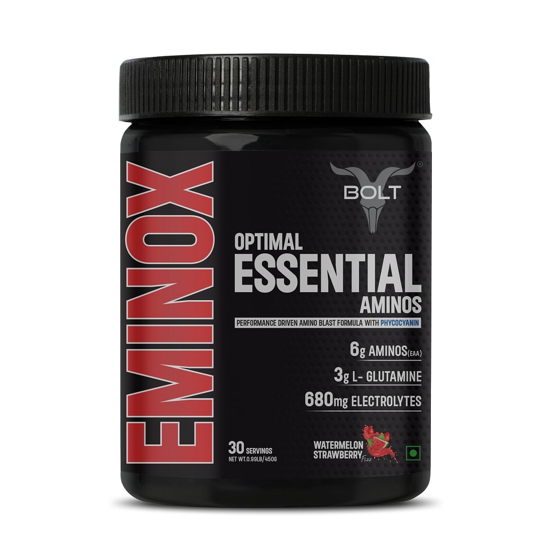 

Bolt Eminox Optimal Essential Aminos 450g | Watermelon Strawberry | 30 Servings | BCAA | 6g EAAs | 3g L-Glutamine | 680mg Electrolytes