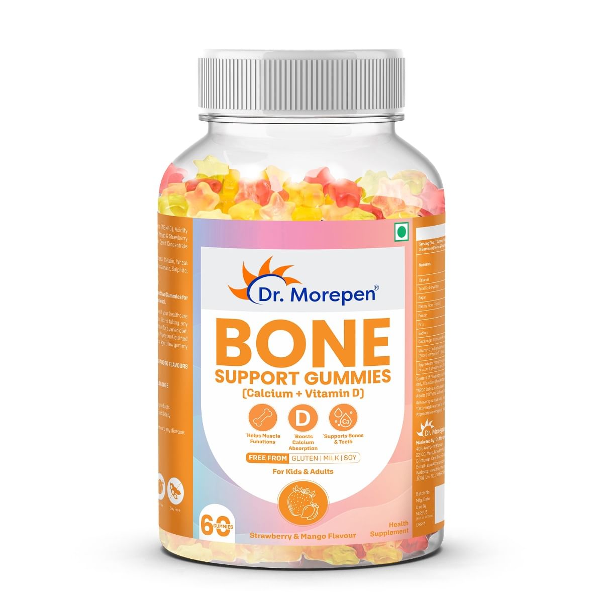 

Dr. MOREPEN BONE SUPPORT GUMMIES WITH CALCIUM + VITAMIN D for MUSCLE FUNCTIONS, CALCIUM ABSORPTION, BONES & TEETH - 60 GUMMIES
