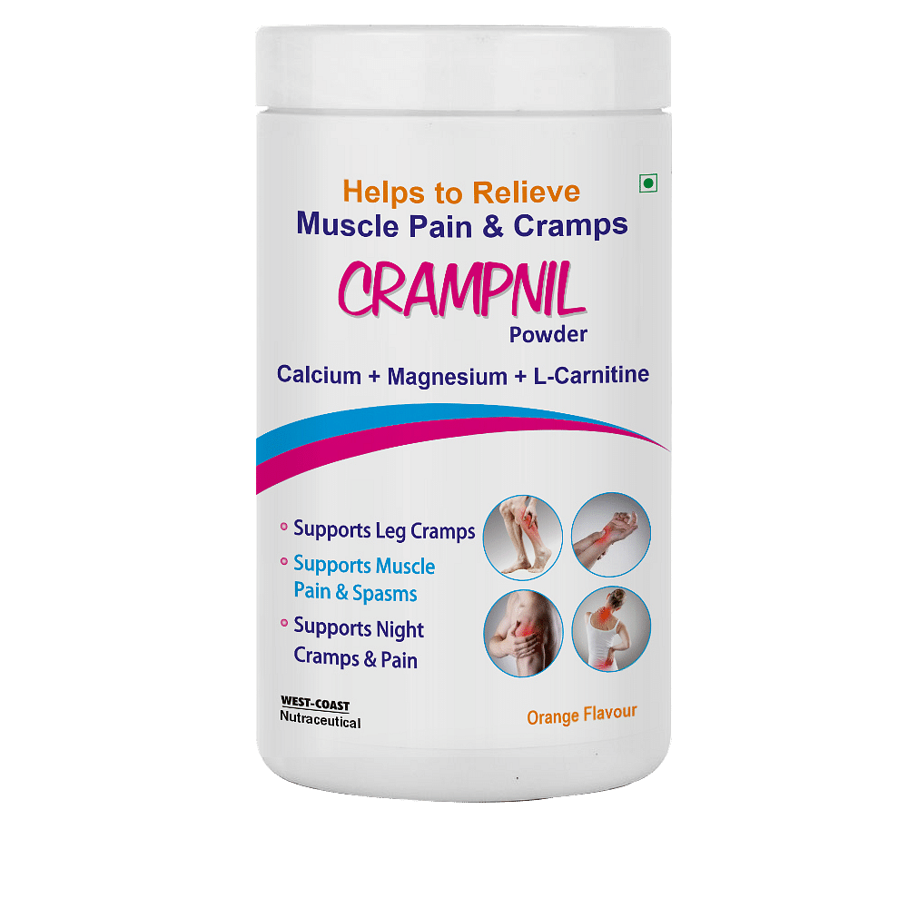 

Westcoast Crampnil Powder | Orange Flavour| helps to relieve muscle pain , joint pain & cramps Calcium + Magnesium + L-Carnitine| 180GM