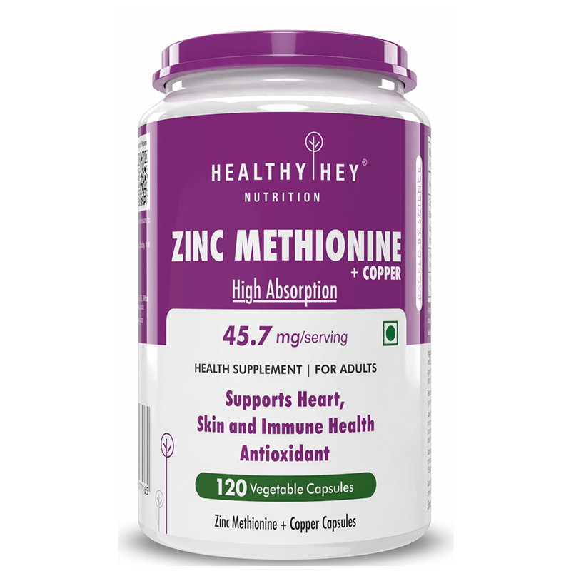 

Healthyhey Nutrition Zinc Methionine Plus Copper, Supports Immune and Antioxidant Protection - 120 Veg Capsules
