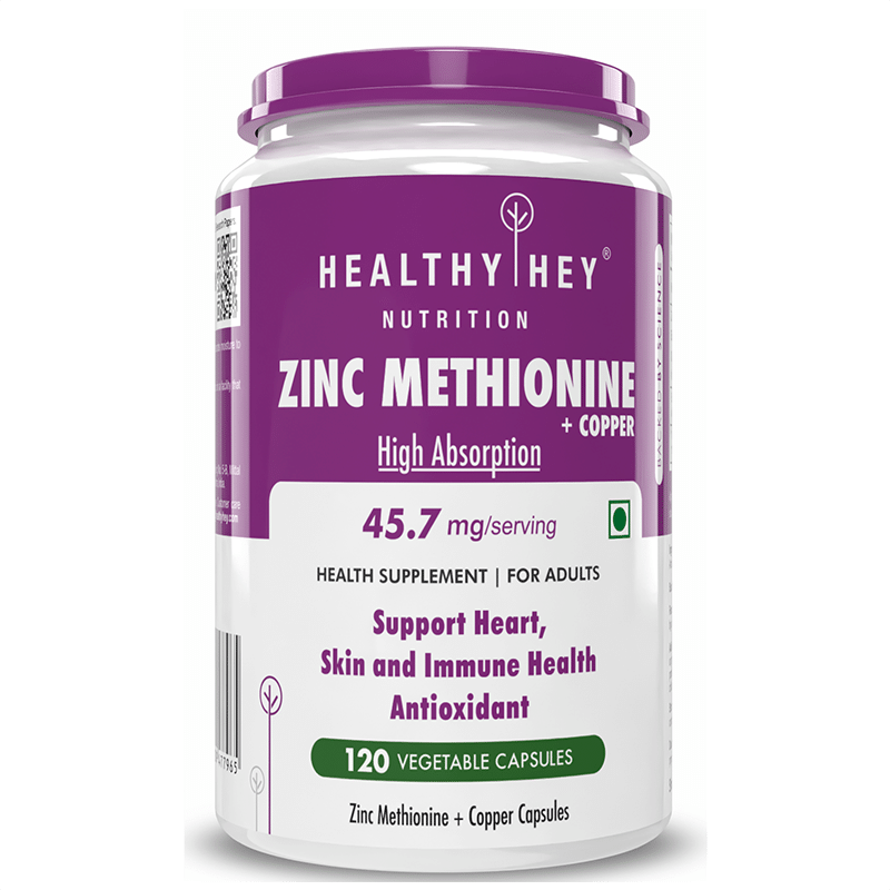 

Healthyhey Nutrition Zinc Methionine Plus Copper, Supports Immune and Antioxidant Protection - 120 Veg Capsules