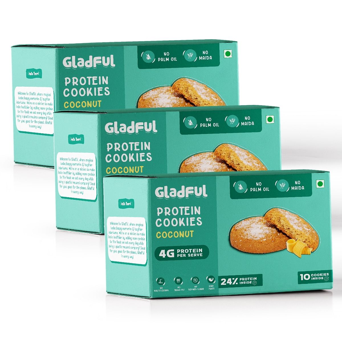 

Gladful Coconut Protein Cookies Made with Wholewheat Atta & Butter - Pack of 3