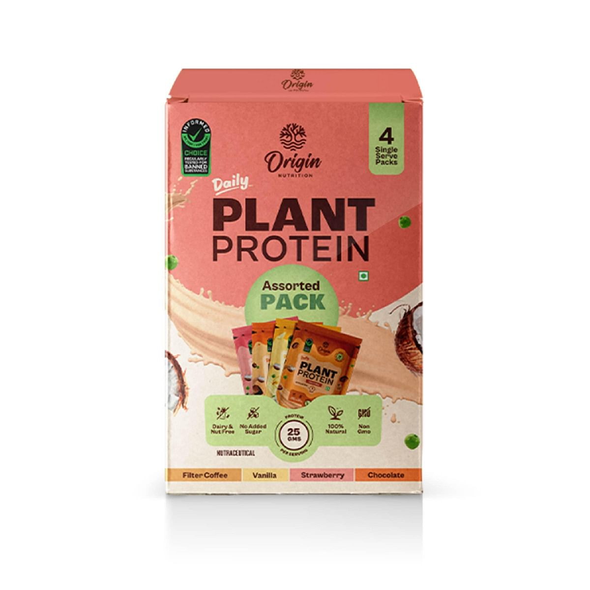 

Origin Nutrition Plant Protein Assorted Pack , 162 g (Chocolate, Strawberry, Vanilla and Filter Coffee)