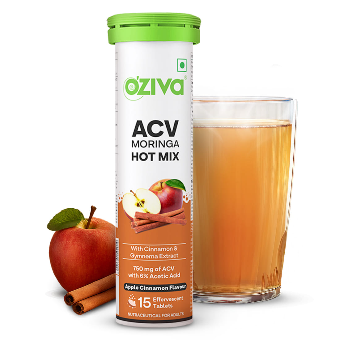 

OZiva ACV Moringa Hot Mix | Control Cravings | Apple Cider Vinegar, Gymnema, Cinnamon, Moringa - Apple cinnamon | 15 Effervscent Tablets