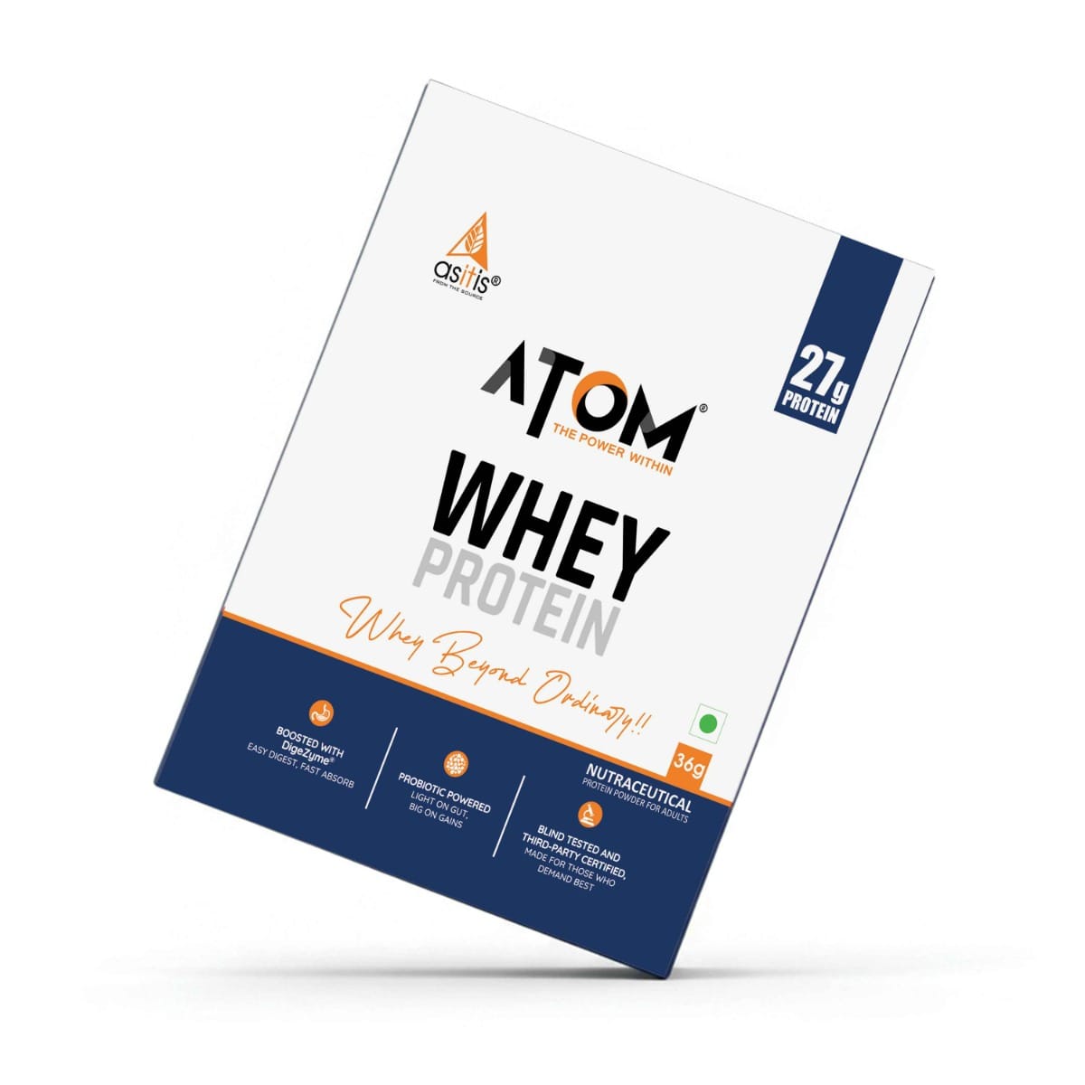 

AS-IT-IS ATOM Whey Protein - Isolate & Concentrate Blend I 27g Protein, DigeZyme & Probiotics, Light on Gut, Big on Gains, Easy to Carry Anywhere (...