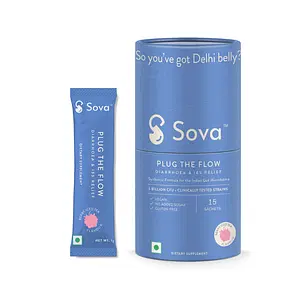 Sova Plug The Flow for Men & Women | IBS Relief | Prevent Loose Stools, Diarrhea, Upset Stomach | Clinically Researched Prebiotics, Probiotics & Digestive Enzymes | 5 Billion CFUs | 15 Vegan Sachets